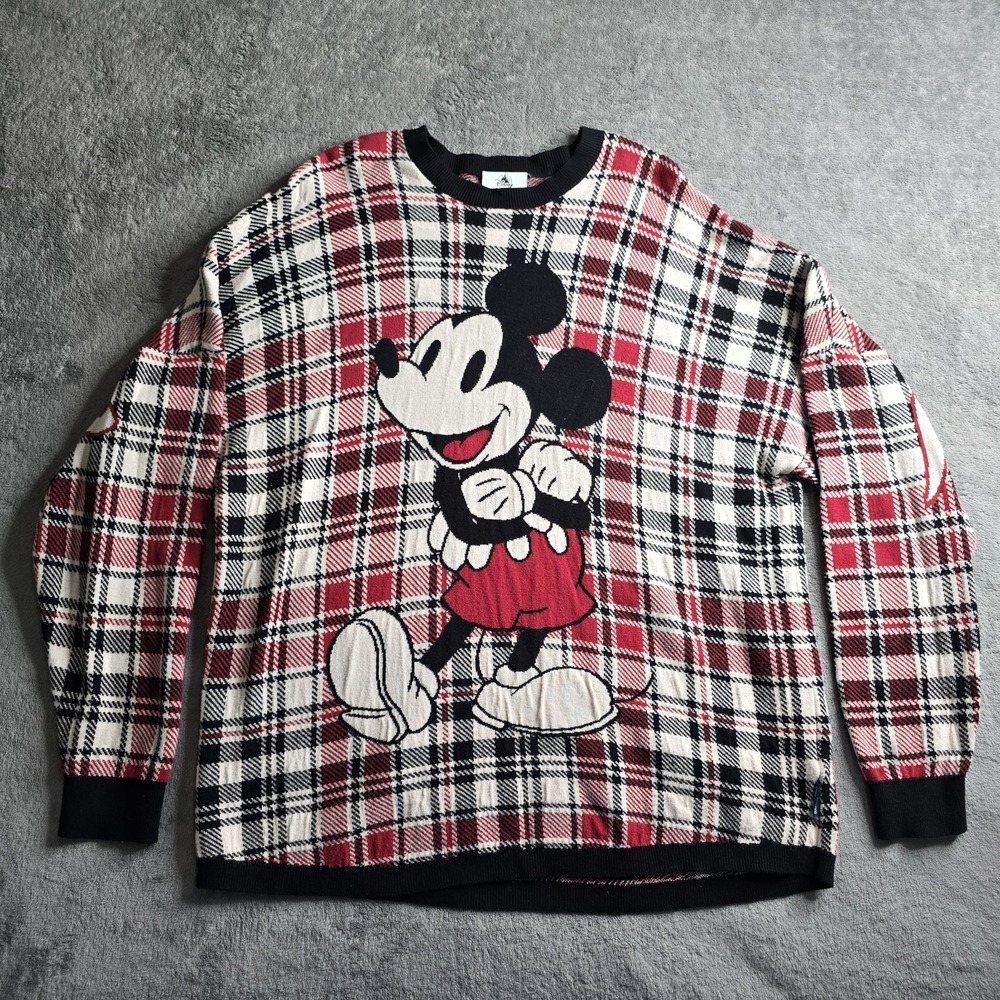 Disney Parks Disneyland Red Plaid Spirit Jersey Sweater Adult Large Mickey
